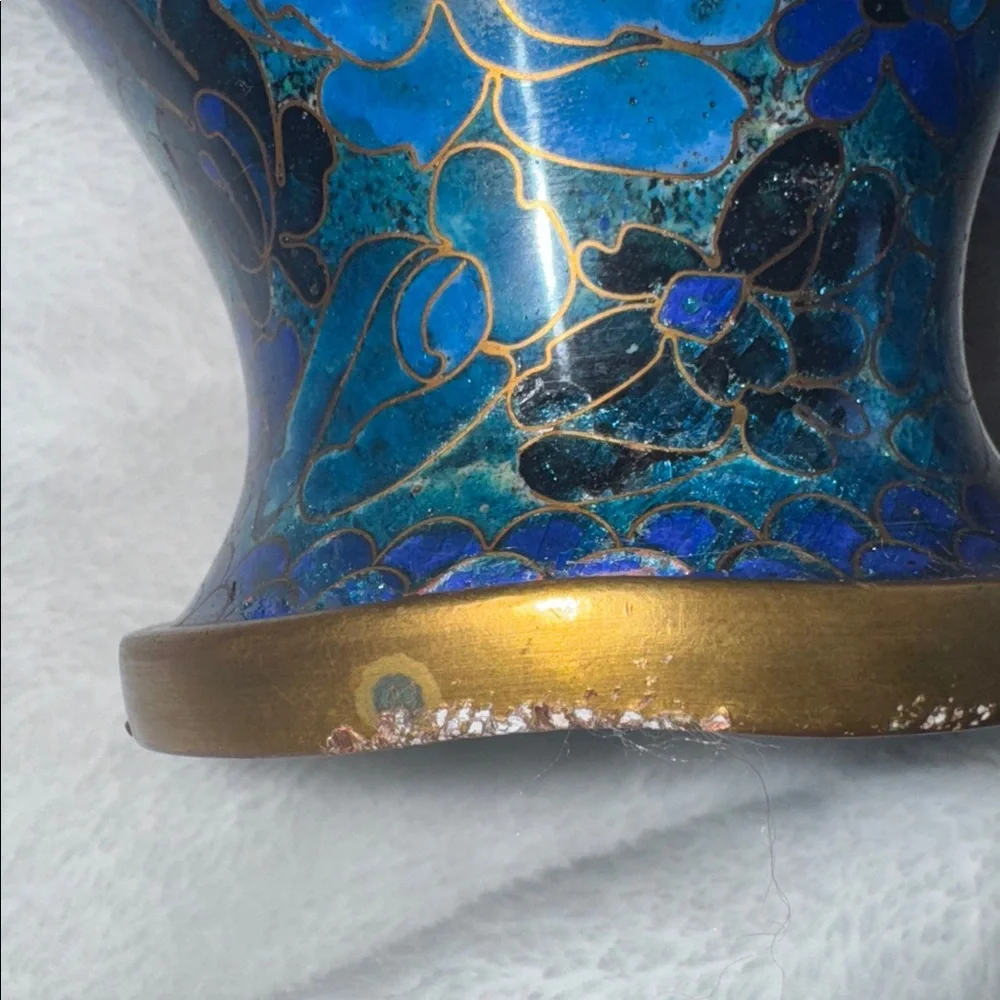 Vintage Chinese Cloisonne Vase Blue Floral Enamel Brass Accents 8 Inch Decor